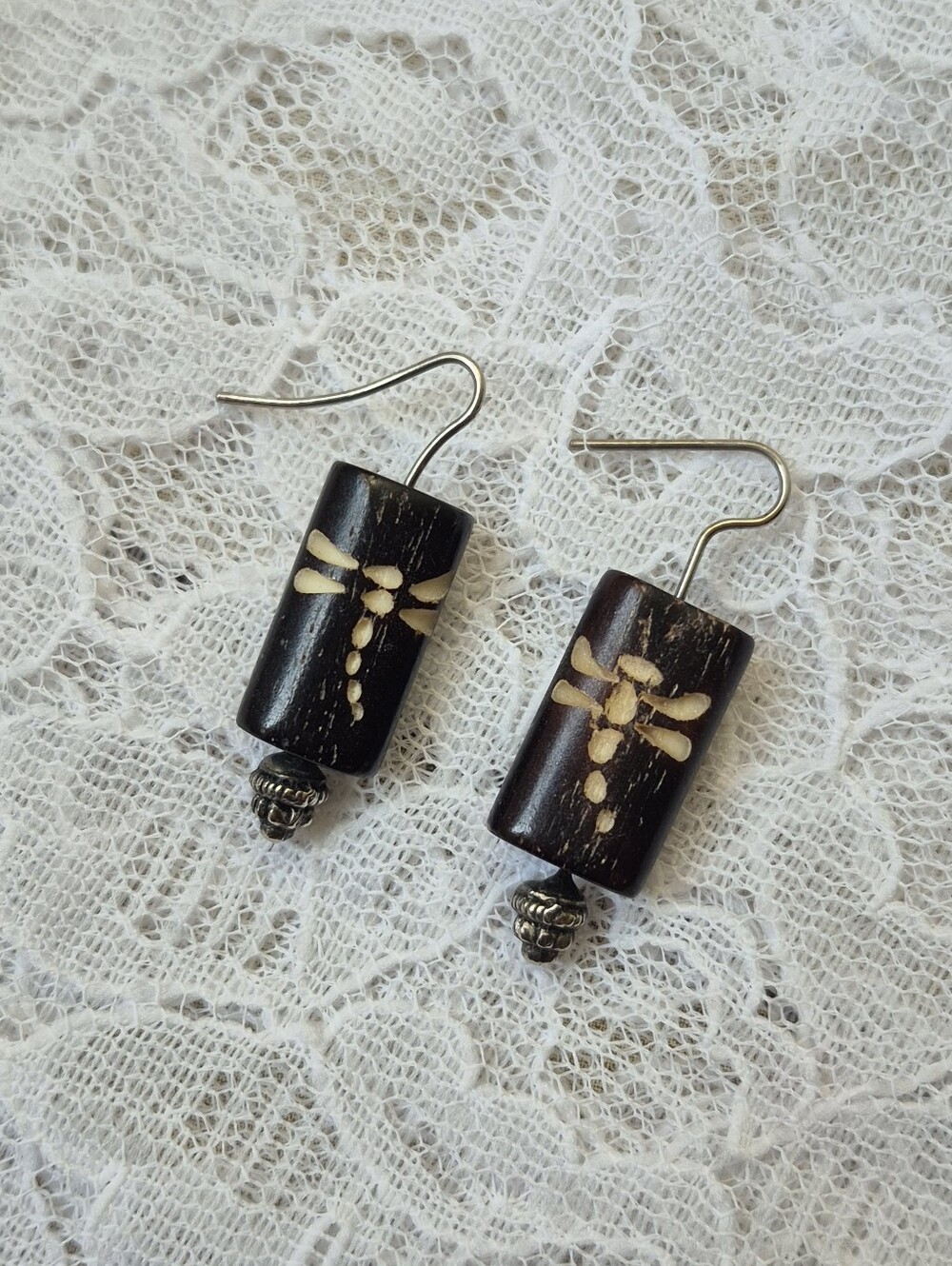 Handcrafted Dark Brown Dragonfly Wood Drop Earrings